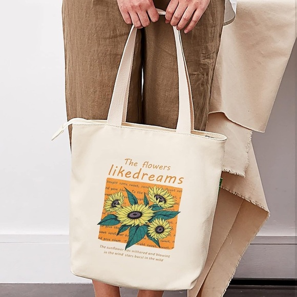 Handbags - Cream Canvas Floral Sunflower Tote Bag NWT